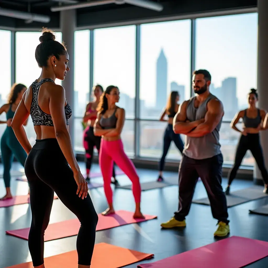 Participantes utilizando equipos de entrenamiento funcional en un gimnasio moderno.